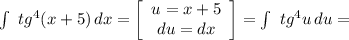 \int\ {tg^4(x+5)} \, dx =\left[\begin{array}{ccc}u=x+5\\du=dx\\\end{array}\right] = \int\ {tg^4u} \, du=