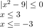 |x^2-9|\leq 0\\x\leq 3\\x\leq =-3\\