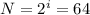 N=2^i=64