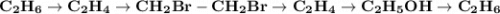 \bold{C_2H_6 \rightarrow C_2H_4 \rightarrow CH_2Br-CH_2Br \rightarrow C_2H_4 \rightarrow C_2H_5OH \rightarrow C_2H_6}