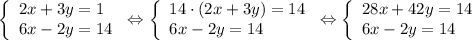 \displaystyle\[\left\{\begin{array}{l}2x+3y=1\\6x-2y=14\end{array}\right.\Leftrightarrow\left\{\begin{array}{l}14\cdot(2x+3y)=14\\6x-2y=14\end{array}\right.\Leftrightarrow\left\{\begin{array}{l}28x+42y=14\\6x-2y=14\end{array}\right.\]