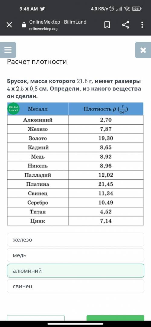 7. Брусок, масса которого 20 г, имеет размеры 4 х 2,5 х 0,8 см. Определить, из какого вещества он сд