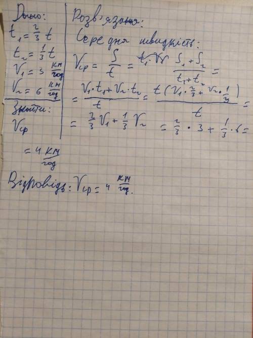 7. Визначте середню швидкість мандрівника, який рухається дві третіх часу зі швидкістю 3 км/год, а з
