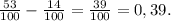 \frac{53}{100}-\frac{14}{100}=\frac{39}{100}=0,39.