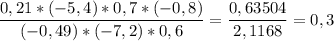 \displaystyle \frac{0,21*(-5,4)*0,7*(-0,8)}{(-0,49)*(-7,2)*0,6} =\frac{0,63504}{2,1168} =0,3