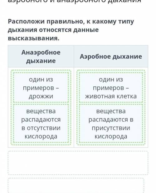 Расположи правильно, к какому типу дыхания относятся данные высказывания. Анаэробное дыханиеАэробное