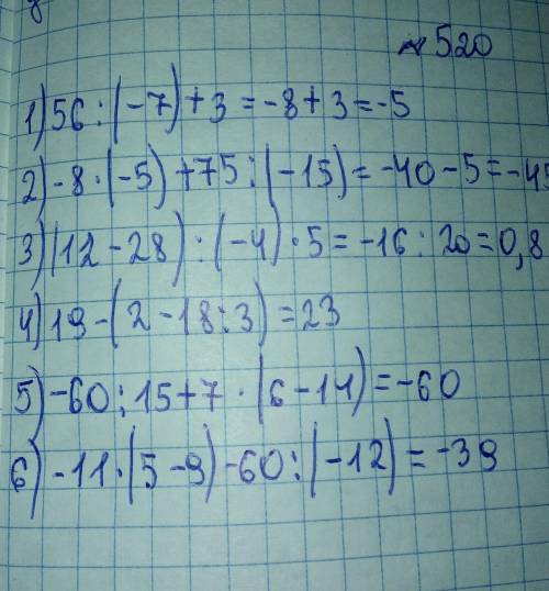 520. Выполните действия: 1) 56 : (-7) + 3;2) -8 : (-5) + 75 :(-15);3) (12 – 28) : (-4) : 5;4) 19 - (