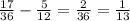 \frac{17}{36} - \frac{5}{12} = \frac{2}{36} = \frac{1}{13}