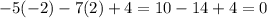 -5(-2)-7(2)+4 = 10-14+4=0