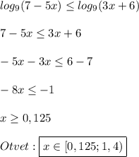 log_{9} (7-5x)\leq log_{9}(3x+6)\\\\7-5x\leq3x+6\\\\-5x-3x\leq 6-7\\\\-8x\leq-1\\\\x\geq 0,125\\\\Otvet:\boxed{x\in[0,125;1,4)}