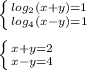 \left \{ {{log_2(x+y)=1} \atop {log_4(x-y)=1}} \right. \\\\\left \{ {{x+y=2} \atop {x-y=4}} \right.