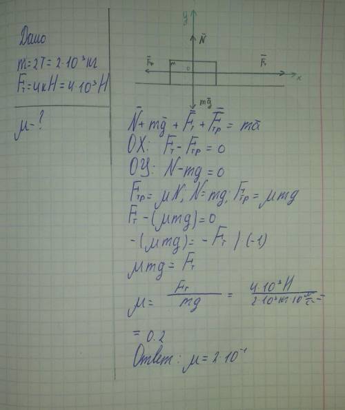 Равномерно движущийся по горизонтальной дороге автомобиль массой 2 т развивает силу тяги 4 кН. Каков