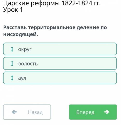 Расставь территориальное деление по нисходящей. округаулволостьЯ уже ответ знаю: 1 округ, 2 волость,