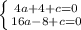 \left \{ {{4a+4+c=0} \atop {16a-8+c=0}} \right.