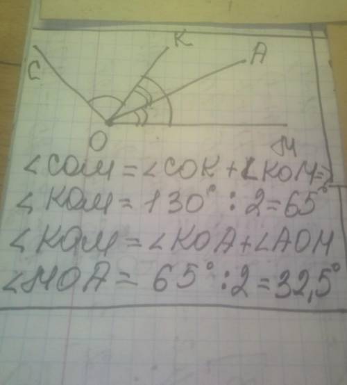 1) Дан тупой угол СОМ. Проведена ОК – биссектриса этого угла и ОА – биссектриса угла КОМ. Известно,