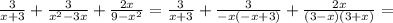 \frac{3}{x+3} + \frac{3}{x^2-3x} + \frac{2x}{9-x^2} = \frac{3}{x+3} + \frac{3}{-x(-x+3)} + \frac{2x}{(3-x)(3+x)} =