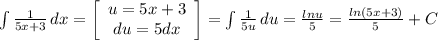 \int {\frac{1}{5x+3} } \, dx =\left[\begin{array}{ccc}u=5x+3\\du=5dx\\\end{array}\right] =\int {\frac{1}{5u} } \, du=\frac{lnu}{5} =\frac{ln(5x+3)}{5} +C