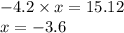 - 4.2 \times x = 15.12 \\ x = - 3.6