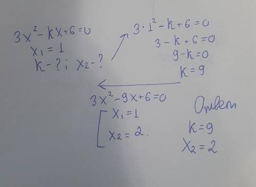 3x^2-kx+6=0X1=1Найти: k и x2