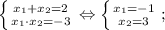 \left \{ {{x_{1}+x_{2}=2} \atop {x_{1} \cdot x_{2}=-3}} \right. \Leftrightarrow \left \{ {{x_{1}=-1} \atop {x_{2}=3}} \right. ;