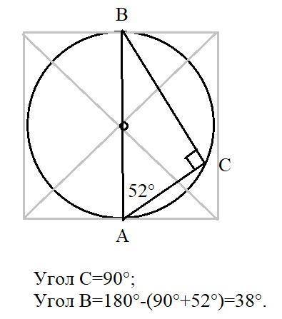 трикутник ABC вписаний у коло,центр якого лежить на AB. Знайдіть градусну міру кутів C i B якщо кут