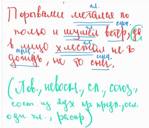 Сделайте полностью синтаксический разбор предложения: Порывами метался по полю и шумел ветер, да в л