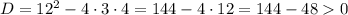 D = 12^2 - 4\cdot 3\cdot 4 = 144 - 4\cdot 12 =144 - 48 0