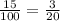 \frac{15}{100} =\frac{3}{20}