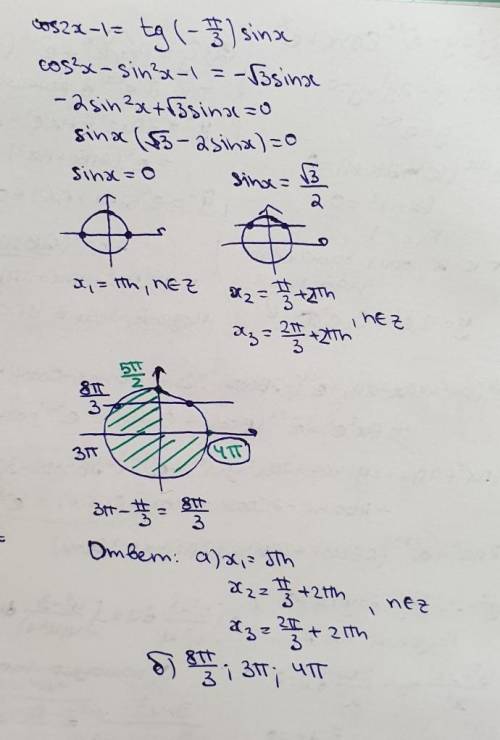 А) Решите уравнение cos2x-1=tg(-⋅sinx б) Укажите корни этого уравнения, принадлежащие отрезку [; 4]