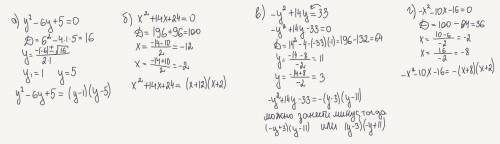 Найдите корни квадратного трехчлена и разложите их на множители и найдите дискриминант а) y2−6y+5 б)