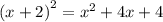 {(x + 2)}^{2} = {x}^{2} + 4x + 4