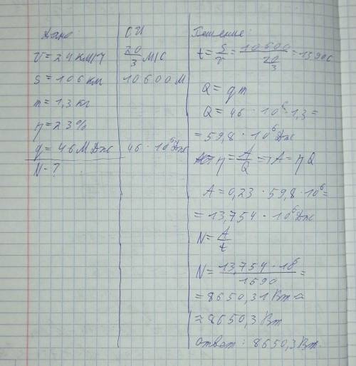 Скутер едет со скоростью 24 км/ч. За 106 км пути он расходует 1,3 кг бензина. Определи полезную мощн