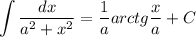 \displaystyle \int\frac{dx}{a^2+x^2}= \frac{1}{a} arctg\frac{x}{a} +C