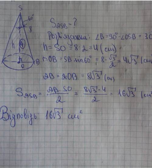 Твірна конуса дорівнює 8 см і утворює з площиною основи кут 60 . Знайдіть радіус основи конуса та йо