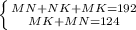 \left \{ {{MN + NK + MK = 192} \atop {MK + MN = 124}} \right.