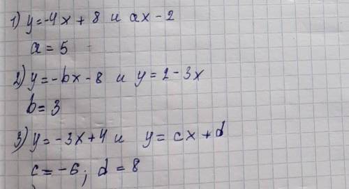 Подберите a, b, с, d так, чтобы графики функций: а) у = – 4х +7   и   у = ах – 2  пересекались.б) у