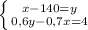 \left \{ {{x-140=y} \atop {0,6y-0,7x=4}} \right.