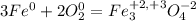 3Fe^{0}+2O^{0}_{2}=Fe^{+2,+3}_{3}O^{-2}_{4}