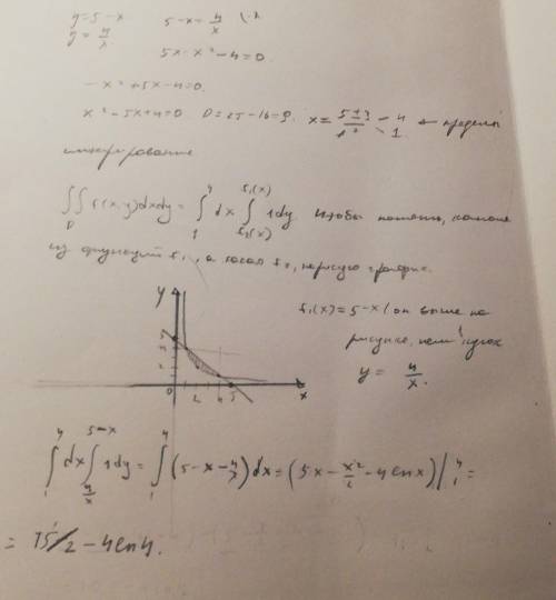 Вычислить объем тела вращения, ограниченной линиями: xy=4, y=5-x