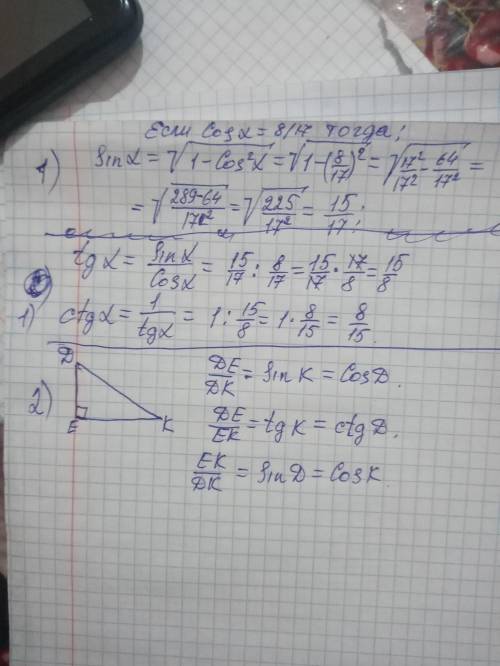 Для острого угла α найдите sin α, tg α, ctg α, если известно, что cos α=8/17 P.S. за другие задания