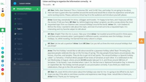 =Unusual holidaysListen and drag to organize the informationcorrectly.​