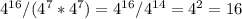 4^{16} /(4^{7} *4^{7})=4^{16} /4^{14} =4^{2} =16