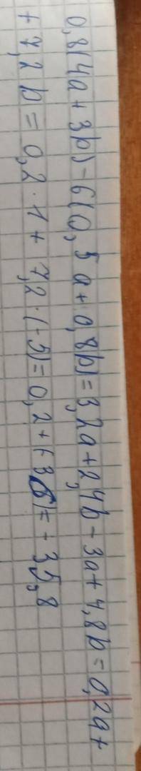 Найди значение алгебраического выражения 0,8(4a+3b)−6(0,5a+0,8b) при