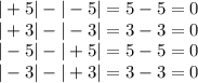 | + 5| - | - 5| = 5 - 5 = 0 \\ | + 3| - | - 3| = 3 - 3 = 0 \\ | - 5| - | + 5| = 5 - 5 = 0 \\ | - 3| - | + 3| = 3 - 3 = 0