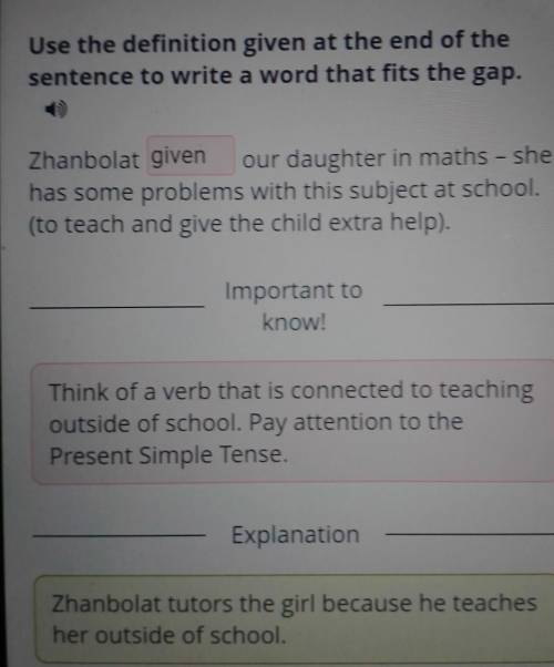 Use the definition given at the end of the sentence to write a word that fits the gap. Zhanbolatour