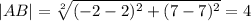 |AB| = \sqrt[2]{(-2-2)^{2}+{(7-7)^{2} } } = 4