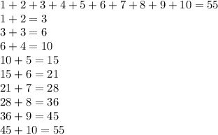 1 + 2 + 3 + 4 + 5 + 6 + 7 + 8 + 9 + 10 = 55\\ 1 + 2 = 3 \\ 3 + 3 = 6 \\ 6 + 4 = 10 \\ 10 + 5 = 15 \\ 15 + 6 = 21 \\ 21 + 7 = 28 \\ 28 + 8 = 36 \\ 36 + 9 = 45 \\ 45 + 10 = 55 \\