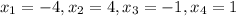 x_{1} =-4, x_{2}=4, x_{3} =-1, x_{4} =1