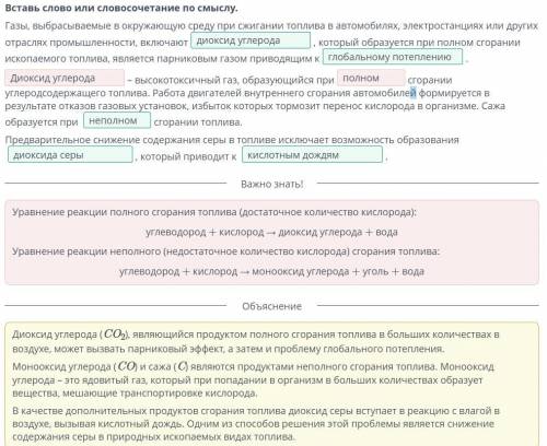 Вставь слово или словосочетание по смыслу. Газы, выбрасываемые в окружающую среду при сжигании топли