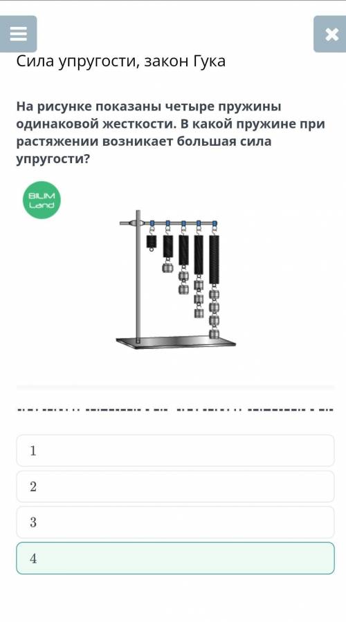 На рисунке показаны четыре пружины одинаковой жесткости. В какой пружине при растяжении возникает бо